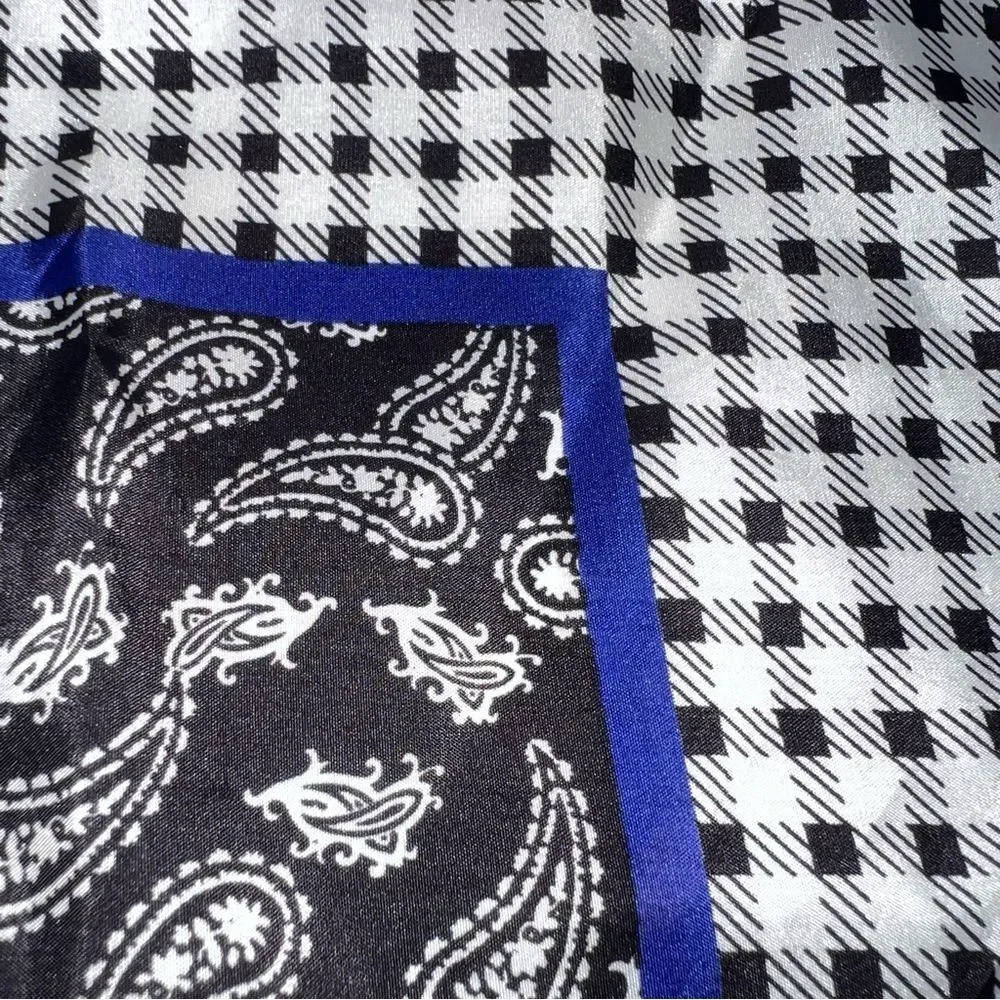 Leslie Fay 100% Silk Scarf Black, White w/Blue & CheckerBoarders Paisley Center